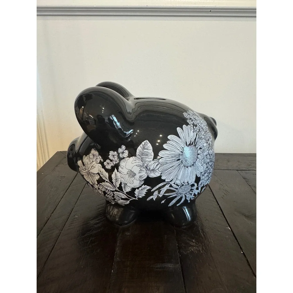 Target Black Floral Ceramic Piggy Bank White Botanical Glossy 065160130 2009